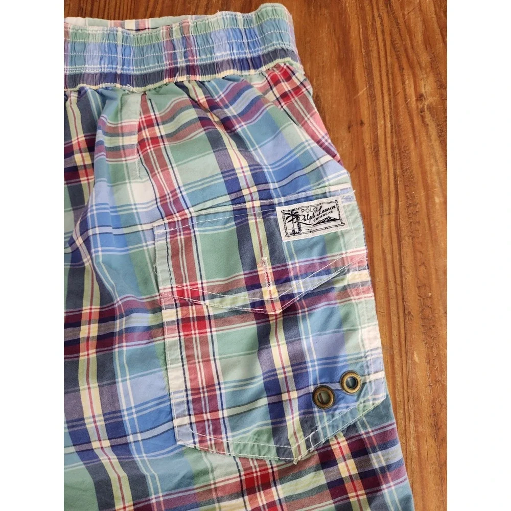 Polo Ralph‎ Lauren Blue Green Plaid Swim Trunks Shorts Mesh Yellow Pony Lrg Vtg